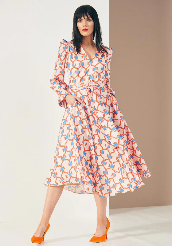 Kate Cooper Geometrical Print Midi Dress, Multi Elegant Pleated Detail Midi Dress