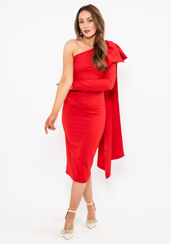 Kevan Jon Krystle One Sleeve Midi Dress, Red Fashionable Pleated Midi Dress