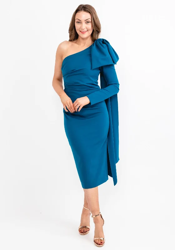 Kevan Jon Krystle One Sleeve Midi Dress, Teal Comfortable Denim Midi Dress