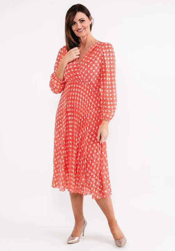 Seventy1 One Size Chiffon Pleated Midi Dress, Coral Stylish Vintage Midi Dress