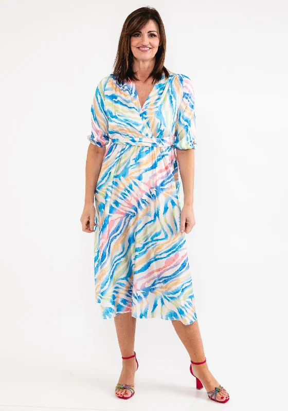 Seventy1 One Size Colourful Tiger Print Midi Dress, Blue Multi Elegant Satin Slip Midi Dress