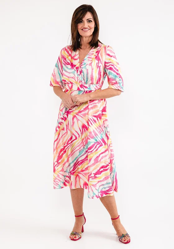 Seventy1 One Size Colourful Tiger Print Midi Dress, Pink Multi Trendy Ruffled Sleeve Midi Dress