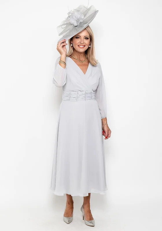 Lizabella Ruched Beaded Waist Midi Dress, Silver Chic Off-Shoulder Midi Dress