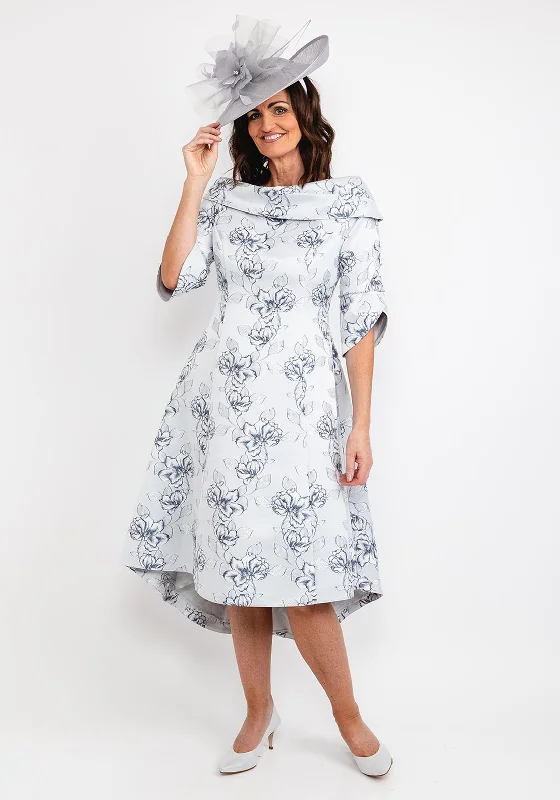 Lizabella Floral Embroidered Dip Hem Midi Dress, Navy & Silver Elegant Lace Trim Midi Dress