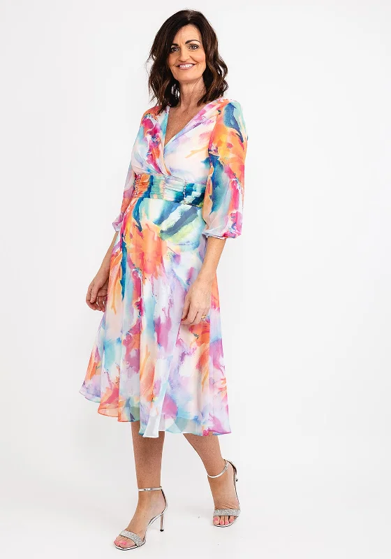 Lizabella Watercolour Print Chiffon Midi Dress, Multi Elegant Puff Sleeve Midi Dress