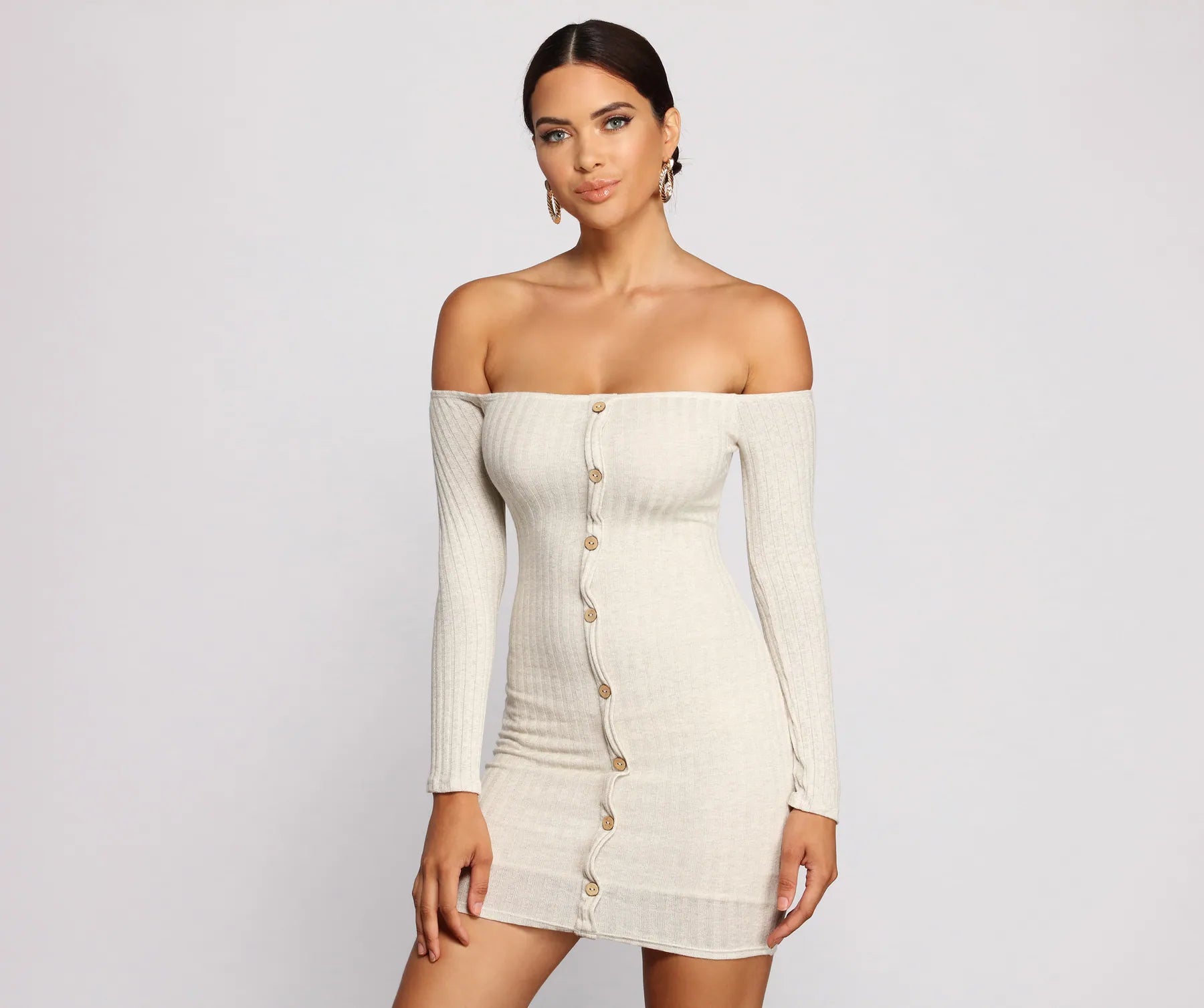 Off The Shoulder Button Down Mini Dress Cozy Sweater Mini Dress