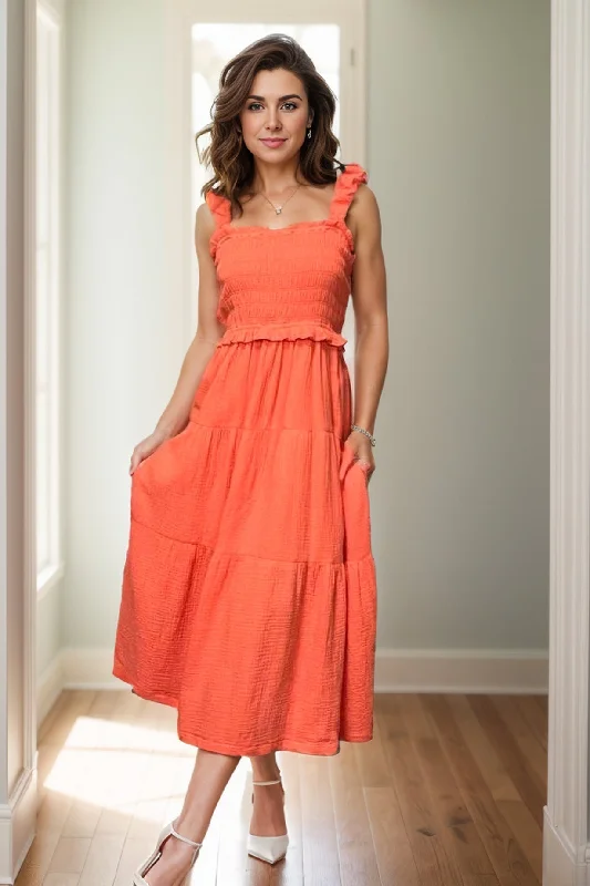 Orange Julius Midi Dress Stylish Off-Shoulder Ruffle Dress