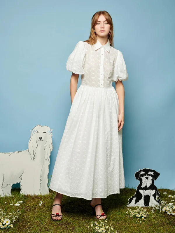 Poodle Bow Embroidered Midi Dress Comfortable Fit-and-Flare Midi Dress