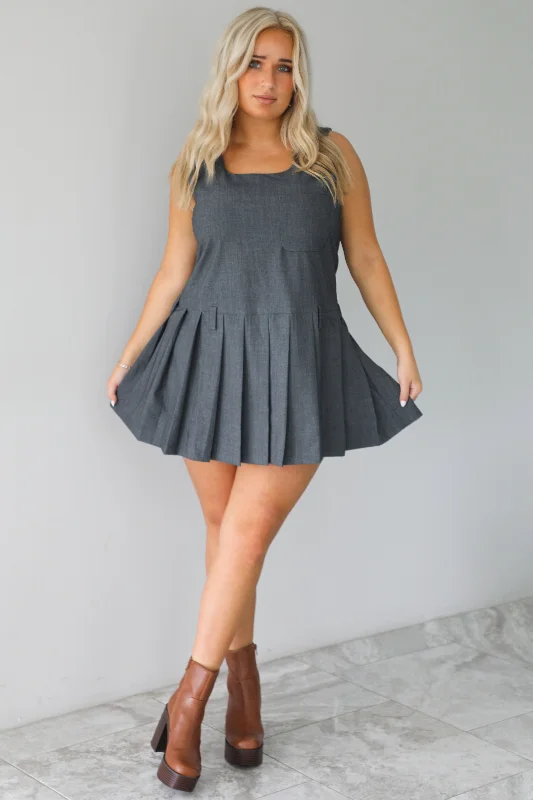 RESTOCK: Wise Decisions Mini Dress: Charcoal Elegant Off-Shoulder Dress Mini