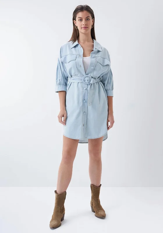 Salsa Belted Denim Shirt Mini Dress, Light Blue Trendy Tie-Dye Mini Dress