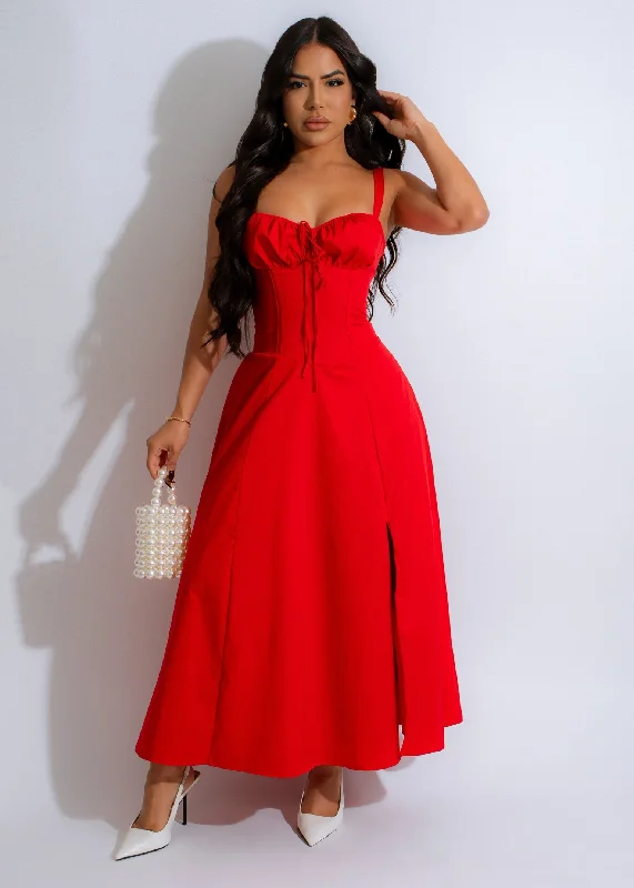 Scarlet Corset Midi Dress Red Fashionable One-Shoulder Midi Dress