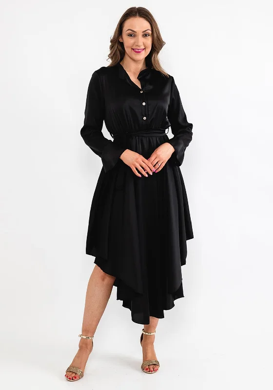 Seventy1 One Size Satin Curved Hem Midi Dress, Black Trendy Flared Sleeve Midi Dress