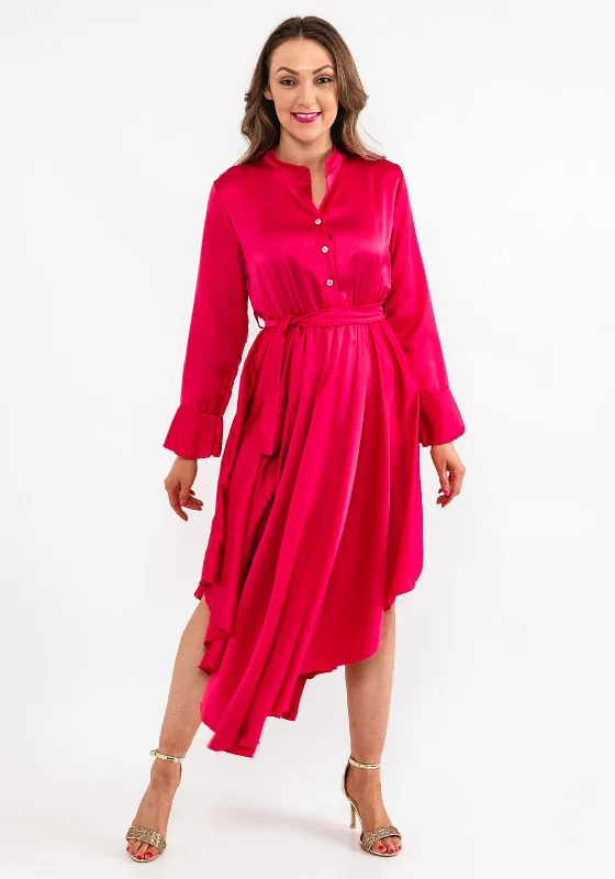 Seventy1 One Size Satin Curved Hem Midi Dress, Cerise Trendy Midi Dress with Belt