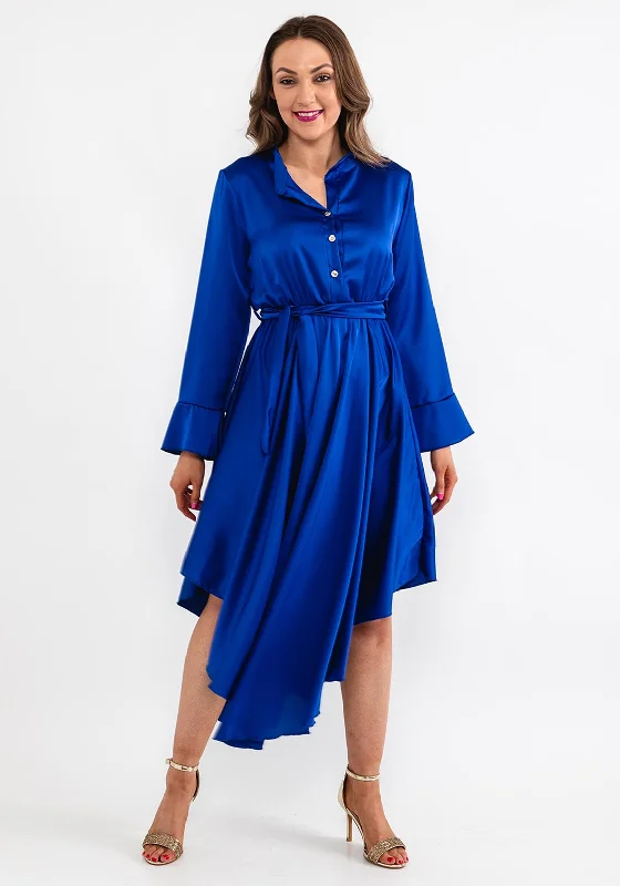 Seventy1 One Size Satin Curved Hem Midi Dress, Royal Blue Stylish Button-Up Midi Dress