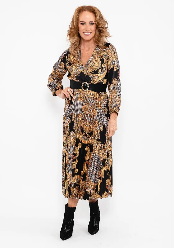 Seventy1 Ornate Print Pleat Midi Dress, Black Comfortable Stretch Midi Dress