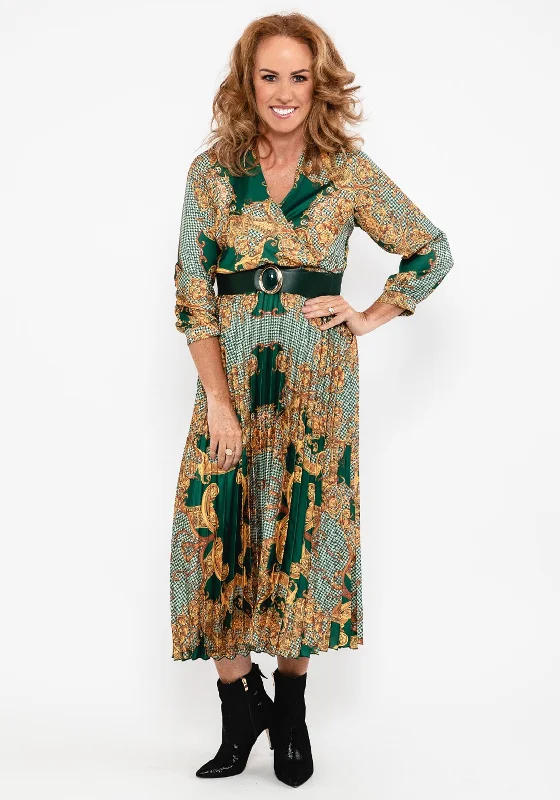 Seventy1 Ornate Print Pleat Midi Dress, Green Trendy Shift Midi Dress