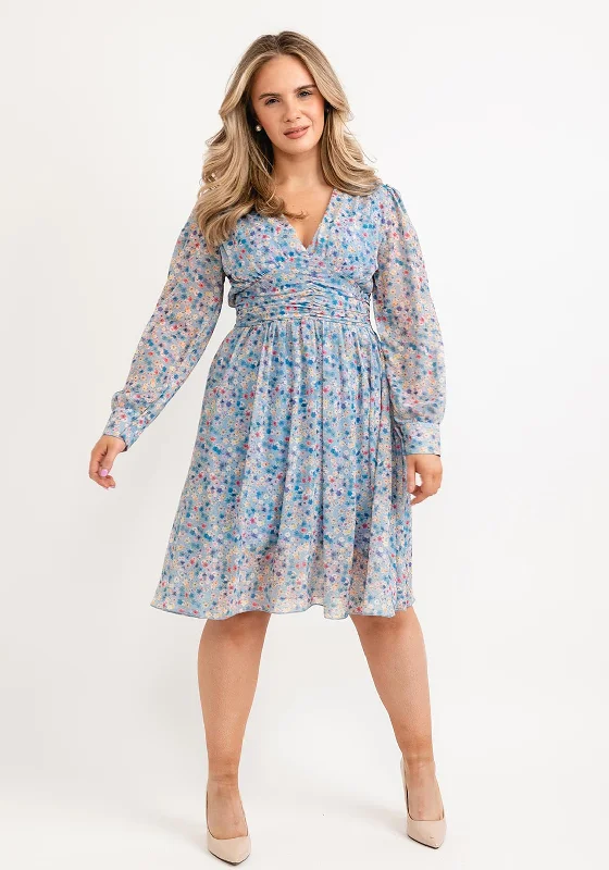 Seventy1 One Size Ditsy Floral Mini Dress, Dusty Blue Comfortable Wrap Mini Dress