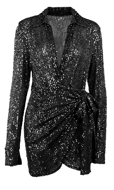 Shimmer Baby <br><span> Black Sequin Long Sleeve Collar Plunge V Neck Faux Wrap Tie Waist Mini Dress</span> Comfortable Fit-and-Flare Mini Dress