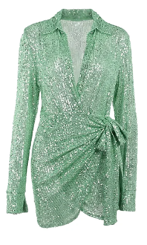 Shimmer Baby Green Sequin Long Sleeve Collar Plunge V Neck Faux Wrap Tie Waist Mini Dress Classic Casual Mini Dress