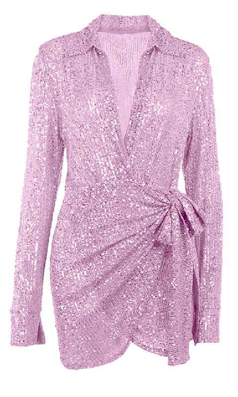 Shimmer Baby <br><span>Pink Sequin Long Sleeve Collar Plunge V Neck Faux Wrap Tie Waist Mini Dress</span> Comfortable Shift Mini Dress