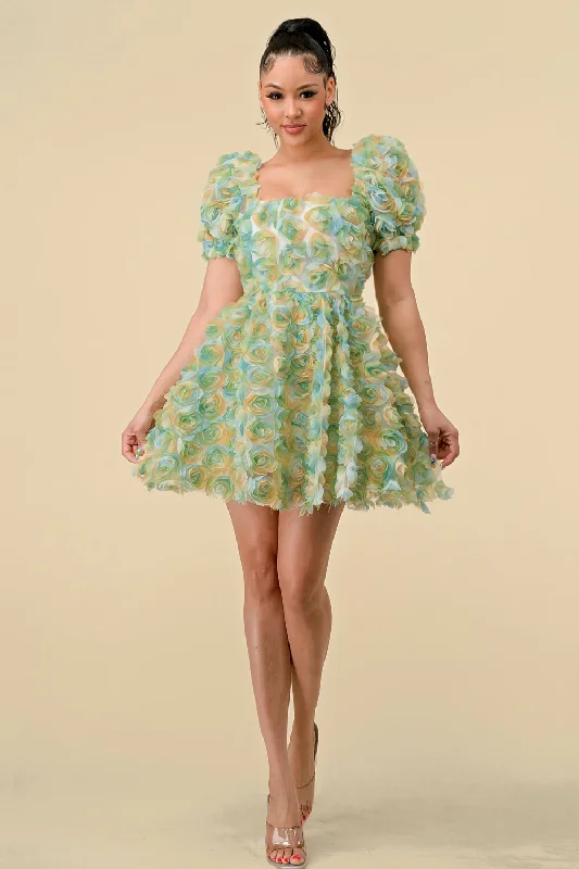 Short Puff Sleeve Chiffon 3D Flower Mini Dress Classic Floral Mini Dress