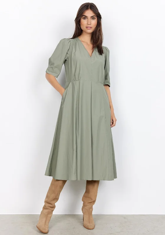 Soyaconcept Netti A Line Midi Dress, Dusky Green Comfortable Deep V Midi Dress