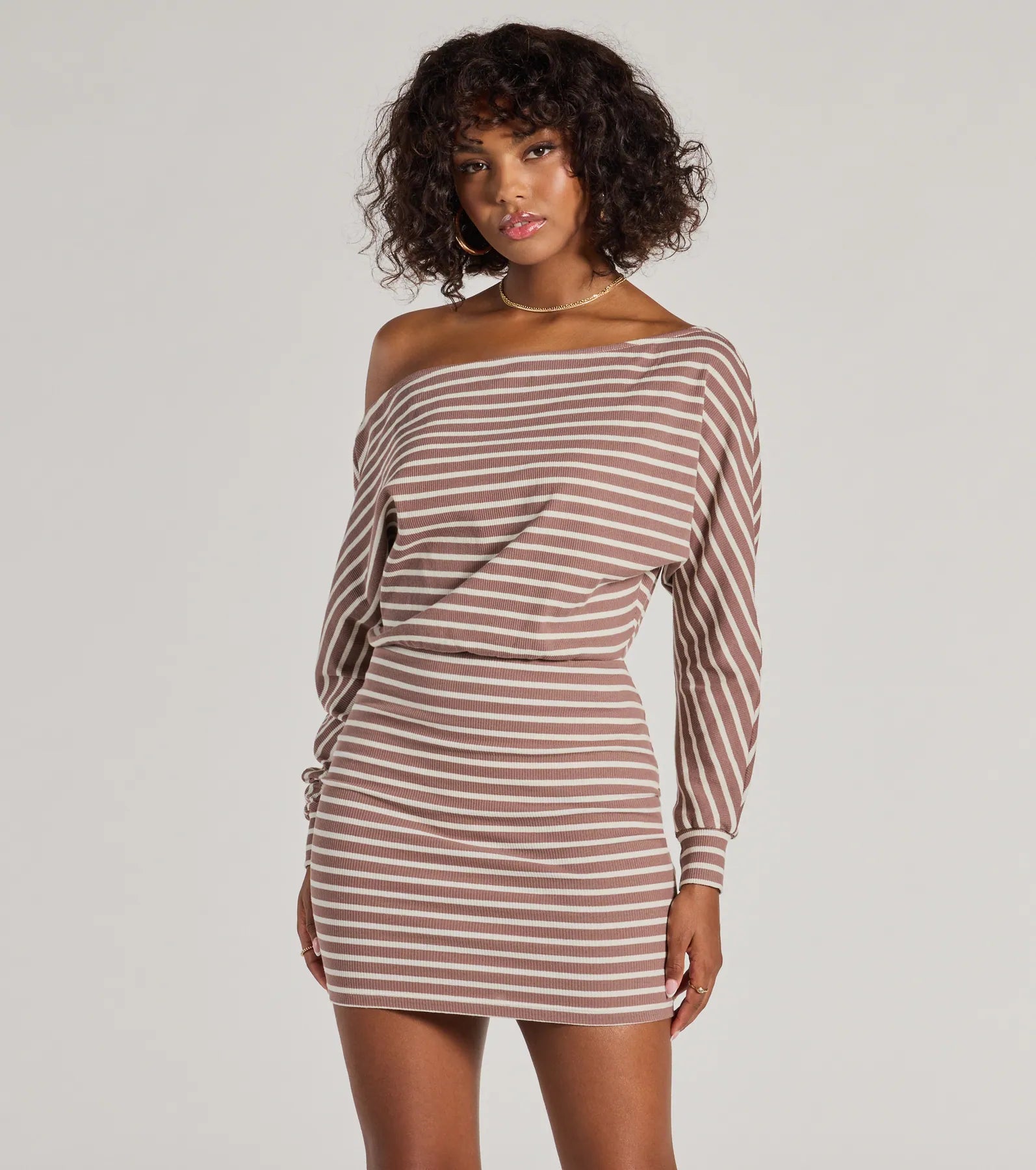 Stripes In Style Off The Shoulder Mini Dress Cozy Jersey Mini Dress