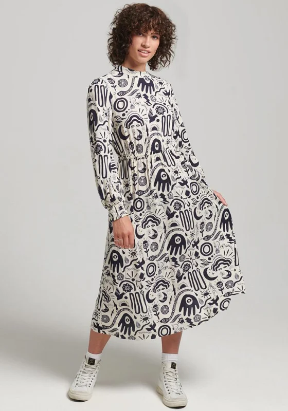 Superdry Womens Vintage Graphic Midi Dress, Cream & Navy Comfortable Wrap Midi Dress