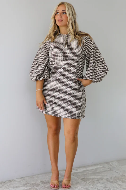 PRE-ORDER: There You Are Tweed Mini Dress: Coffee/Cream Trendy Crossover Mini Dress