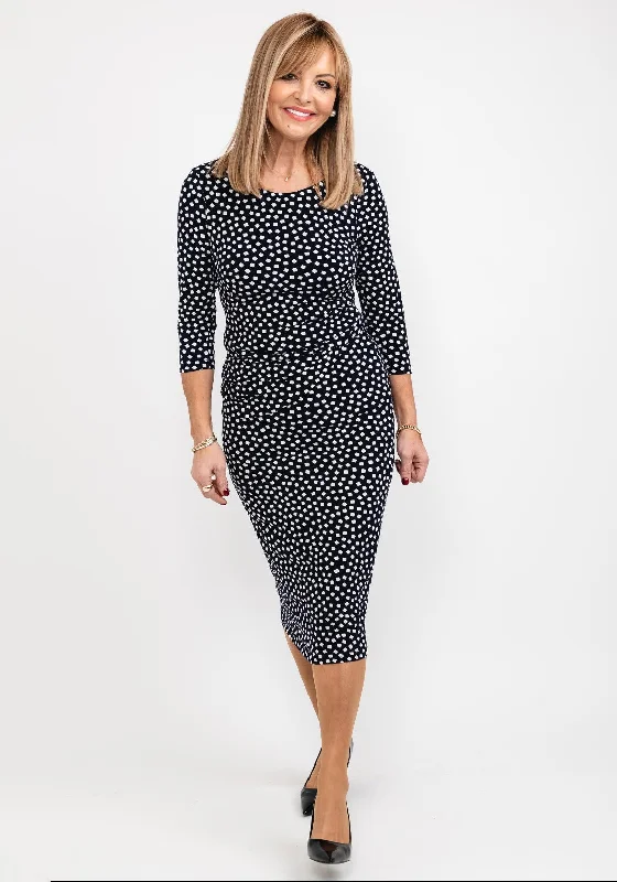 Tia Square Print Midi Dress, Navy Elegant Puff Sleeve Midi Dress