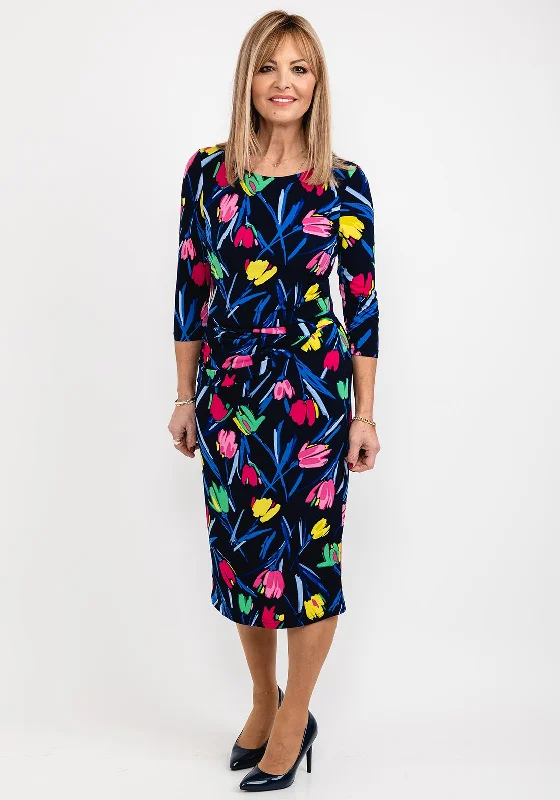 Tia Tulip Print Midi Dress, Navy Multi Fashionable A-Line Midi Dress