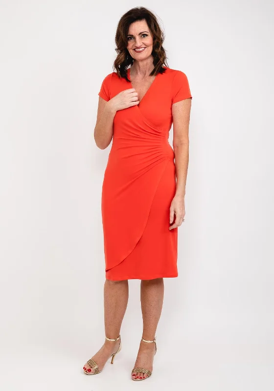 Tia Ruched Waist Midi Dress, Orange Comfortable Wrap Midi Dress