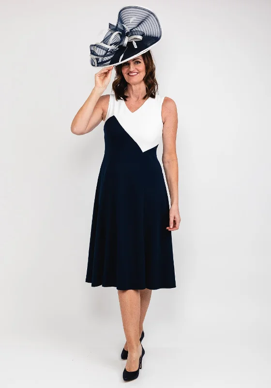 Tia Colour Block Flared Midi Dress, Navy & White Stylish Pleated Skirt Midi Dress