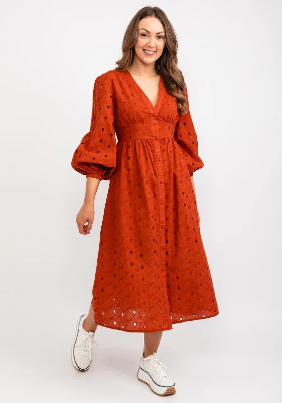 Tiffosi Preta Floral Midi Dress, Rust Trendy Tiered Hem Midi Dress