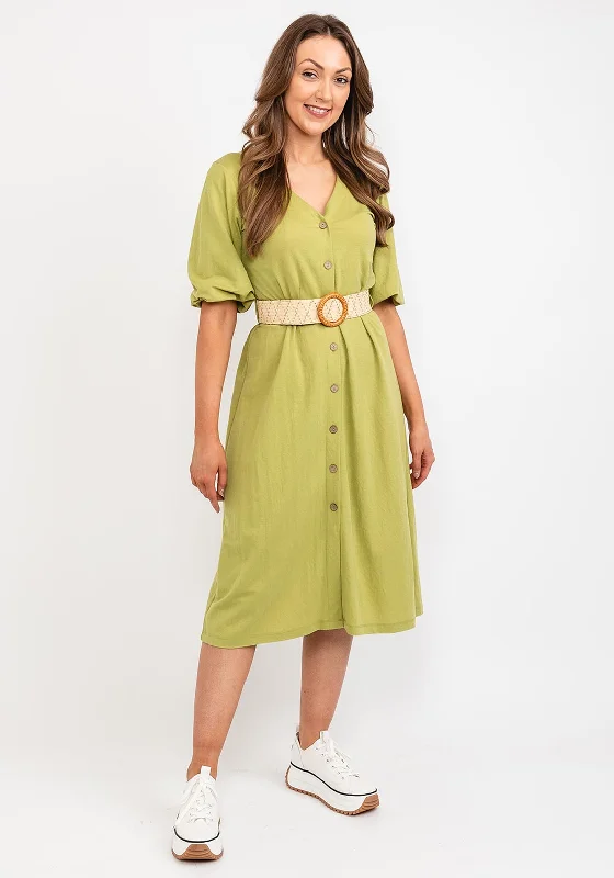 Tiffosi Selva Belted Midi Dress, Green Elegant Floral Appliqué Midi Dress