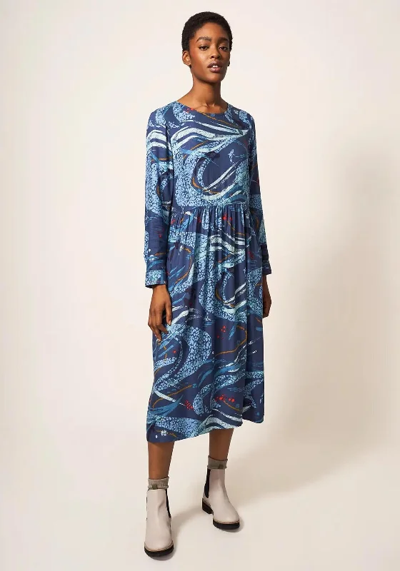 White Stuff Elisa Print Midi Dress, Blue Trendy Shift Midi Dress