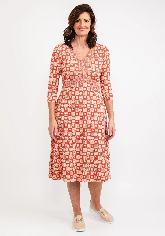 White Stuff Esme Print Jersey Midi Dress, Orange Comfortable Empire Waist Midi Dress