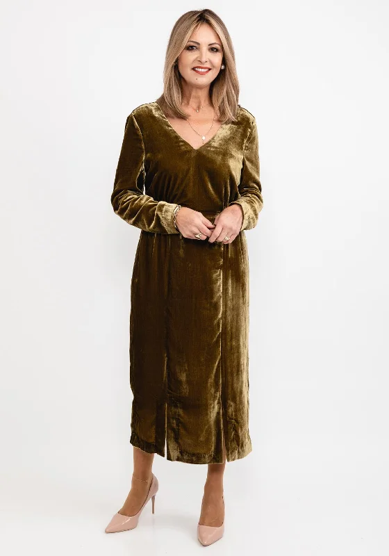 White Stuff Nadia Velvet Midi Dress, Dark Chartreuse Cozy Ribbed Knit Midi Dress