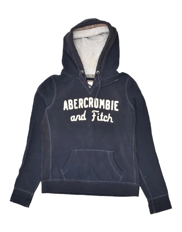 ABERCROMBIE & FITCH Womens Graphic Hoodie Jumper UK 16 Large Navy Blue Hoodie with Side Slits Relaxed Casual