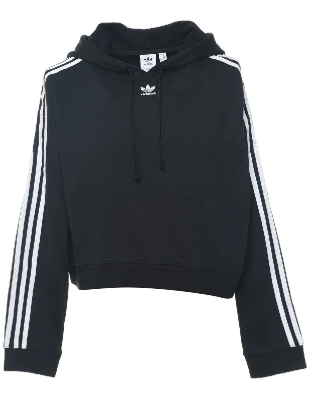 Adidas Hooded Black & White Contrast Three-Stripe Sweatshirt - M Hoodie with Longline Fit Extended Stylish