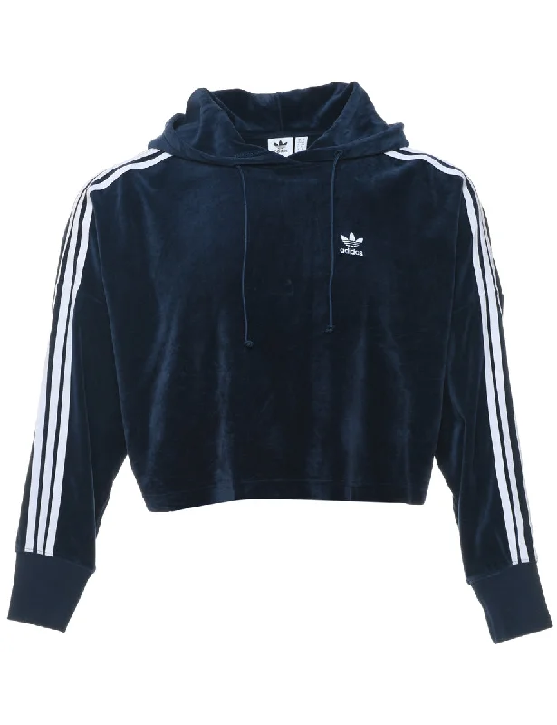 Adidas Navy Velour Embroidered Sweatshirt - S Hoodie with Full-Zip Functional Layering