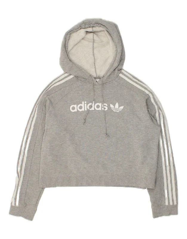 ADIDAS Womens Crop Graphic Hoodie Jumper UK 8 Small  Grey Hoodie with Hem Frayed Vintage Worn