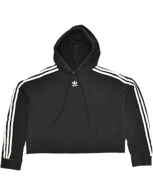 ADIDAS Womens Crop Hoodie Jumper UK 12 Medium Black Cotton Hoodie with Thumb Holes Functional Cozy