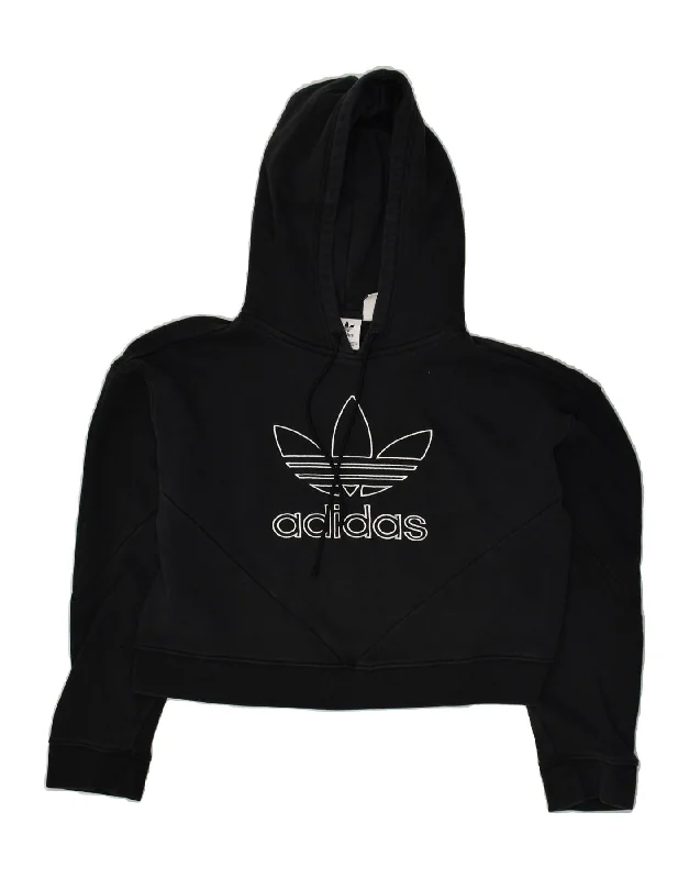 ADIDAS Womens Graphic Crop Hoodie Jumper UK 8 Small  Black Cotton Hoodie with Button Classic Timeless