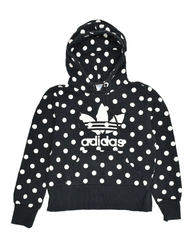 ADIDAS Womens Graphic Hoodie Jumper EU 40 Medium Navy Blue Polka Dot Hoodie with Hem Raw Edge Edgy Unfinished