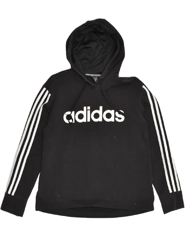 ADIDAS Womens Graphic Hoodie Jumper Size 12/14 Medium Black Cotton Hoodie with Rolled Sleeves Casual Relaxed