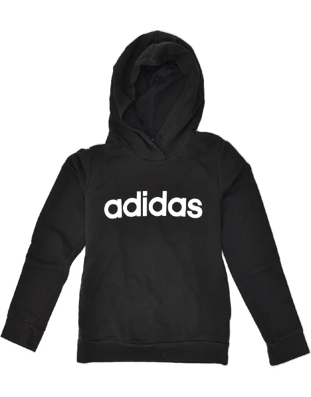 ADIDAS Womens Graphic Hoodie Jumper Size 4/6 XS Black Cotton Hoodie with Frayed Bohemian Relaxed