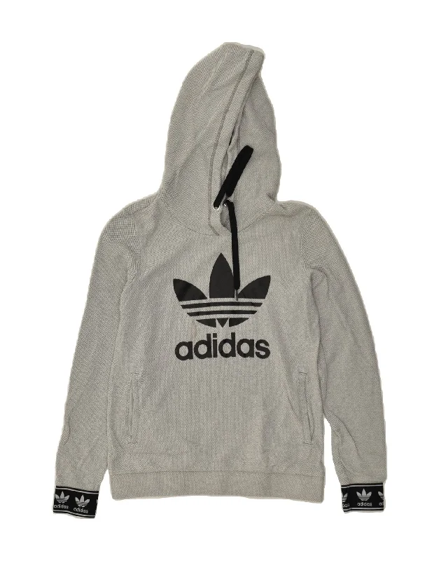 ADIDAS Womens Graphic Hoodie Jumper UK 10 Small Grey Cotton Hoodie with Elastic Waist Stretchable Comfortable