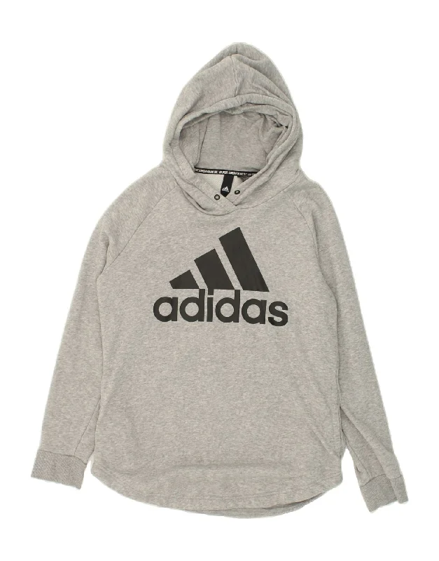 ADIDAS Womens Graphic Hoodie Jumper UK 16/18 Large Grey Cotton Hoodie with Tied Waist Feminine Flattering