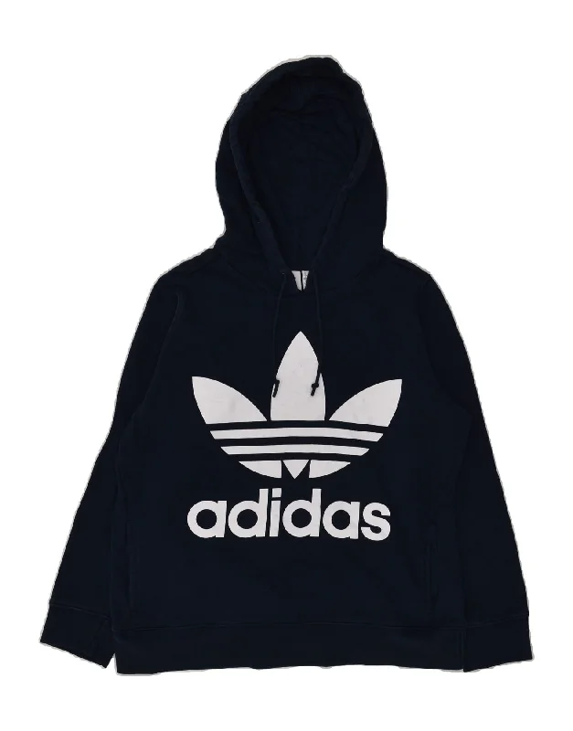 ADIDAS Womens Graphic Hoodie Jumper UK 18 XL Navy Blue Cotton Hoodie with Patch Decorative Personalized